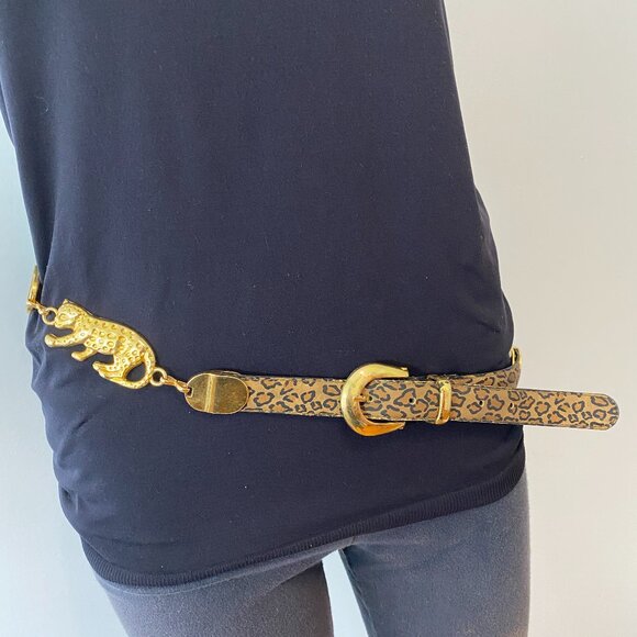 Vintage Leopard Print Belt with Gold Leopard Hardware Womens XL